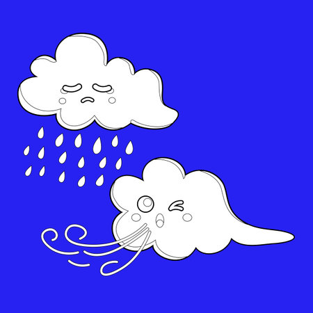 Rainy and Windy Cloud Weather Cartoon Digital Stamp Outlineのイラスト素材