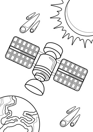 Outer Space Astroanut Satellite Cartoon Coloring Activity for Kids and Adultのイラスト素材