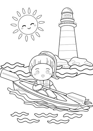 Kids Holiday Activity Sailing Summer Beach Fun Sport Cartoon Coloring for Kids and Adultのイラスト素材