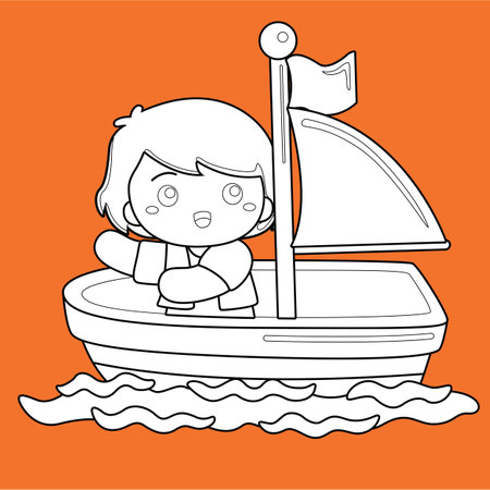 Kids Holiday Activity Sailing Boat Summer Cartoon Digital Stamp Outlineのイラスト素材