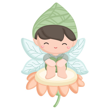 Little Garden Fairies Boy with Wings and Flowers Cartoon Illustration Vector Clipart STicker Kidsのイラスト素材