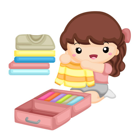 Happy Kids Packing Wants to Travelling Vacation Holiday Trip Cartoon Illustration Vector Clipart Sticker Background Decorationのイラスト素材