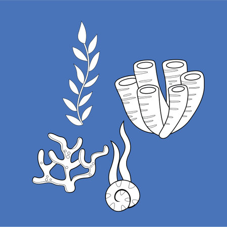 Cute Underwater Plants Coral Nature Sea Cartoon Digital Stamp Outlineのイラスト素材