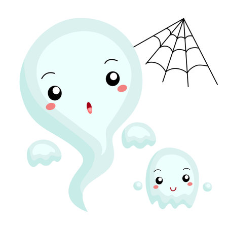 Funny Kids Wearing Ghost Halloween Character Costume Party Celebration Cartoon Illustration Vector Clipart Sticker Decoration Backgroundのイラスト素材