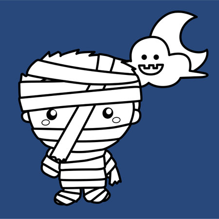 Cute Mummy Kids Halloween Character Costume Party Cartoon Digital Stamp Outlineのイラスト素材