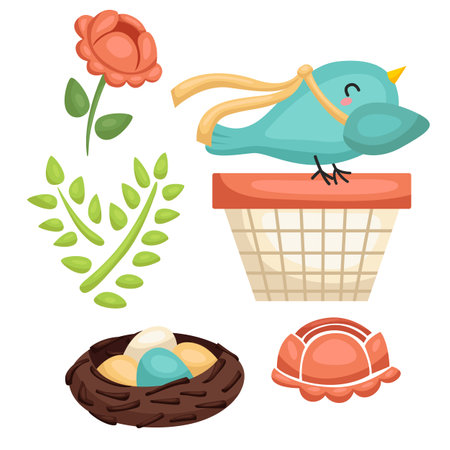 Colorful Cute and Funny Animal Bird House Design Wooden Cartoon Illustration Vector Clipart Sticker Decoration Background Accessories Ornamentsのイラスト素材