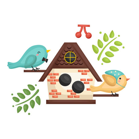 Colorful Cute and Funny Animal Bird House Design Wooden Cartoon Illustration Vector Clipart Sticker Decoration Background Accessories Ornamentsのイラスト素材