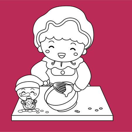 Grandmother Cooking Christmas Cake Holiday Cartoon Digital Stamp Outlineのイラスト素材