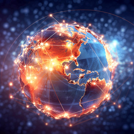 Earth from Space. Planet Earth with international network representing communication, travel and connections. AI generated illustration.の素材