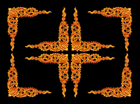 Pattern of wood frame carve flower on black backgroundの写真素材