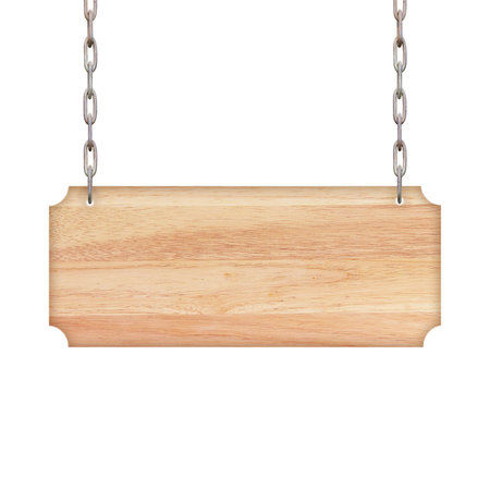 Wooden sign hanging on a chain isolated on white background.の写真素材