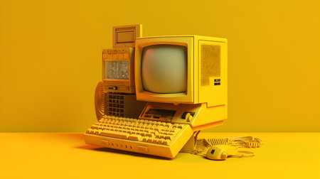 computer with screen and monitor old model on the table, AI generated.の素材