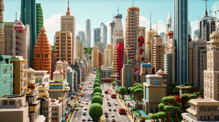 skyscrapers, city, cars, road, trees, AI generated.の素材