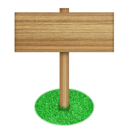 Wooden sign on grass isolated on white backgroundの写真素材