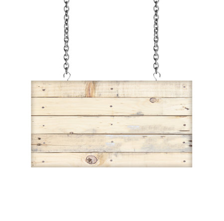 Wooden sign hanging on a chain isolated on whiteの写真素材