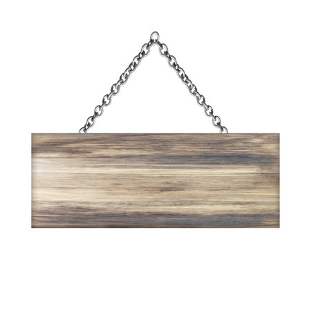 Wooden sign hanging on a chain isolated on whiteの写真素材