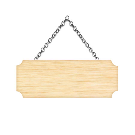 Wooden sign hanging on a chain isolated on white backgroundの写真素材