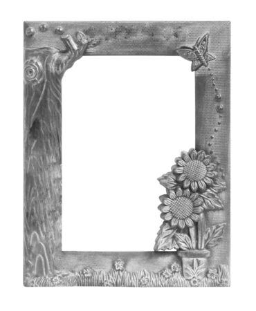 Old silver picture frame .Isolated on white backgroundの写真素材
