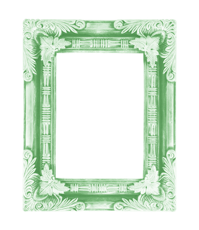 Old green vintage picture frame with a decorative pattern on white backgroundの写真素材