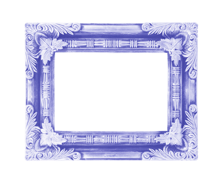 Old blue vintage picture frame with a decorative pattern on white backgroundの写真素材