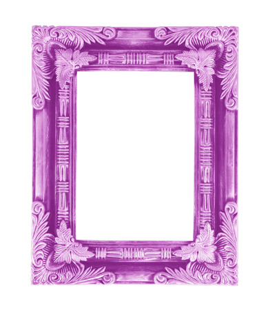 Old purple vintage picture frame with a decorative pattern on white backgroundの写真素材