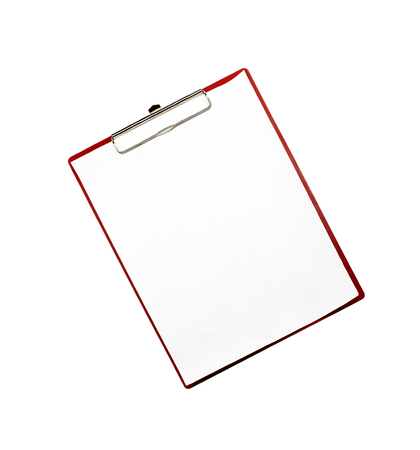 Red plastic clipboard with blank paper sheet isolated on white backgroundの写真素材