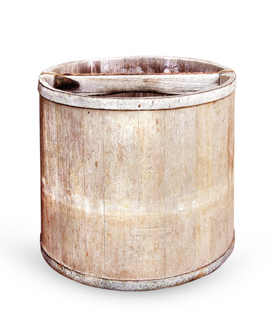 Old wooden bucket on white backgroundの写真素材