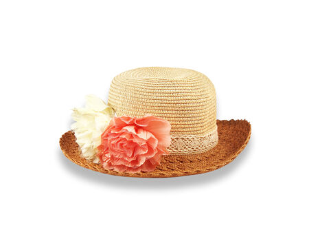 Pretty straw hat with flower on white backgroundの写真素材