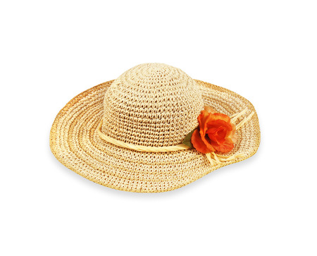 Pretty straw hat with flower on white backgroundの写真素材