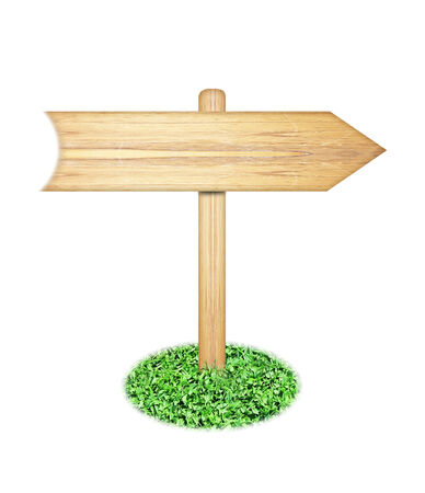 Wooden sign on grass isolated on white backgroundの写真素材