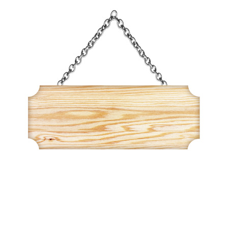 Wooden sign hanging on a chain isolated on white  backgroundの写真素材
