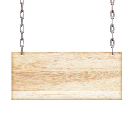 Wooden sign hanging on a chain isolated on white  backgroundの写真素材