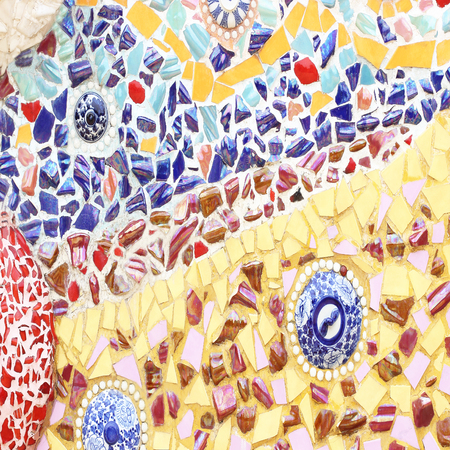 Old mosaic wall decorative ornament from ceramic broken tile; The walls are decorated with tiles and beads ceramic;の写真素材