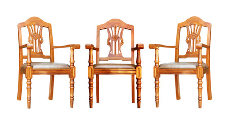 Brown leather-wrapped wooden chair isolated on white backgroundの写真素材