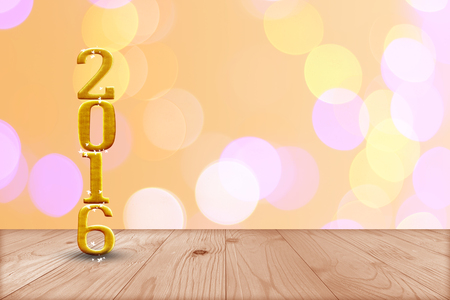 2016 year.  in perspective wood with blur bokeh wall and wooden plank floor