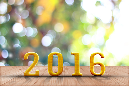 2016 year.  in perspective wood with blur bokeh wall and wooden plank floor