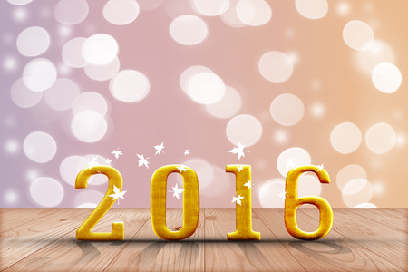 2016 year.  in perspective wood with blur bokeh wall and wooden plank floorの写真素材