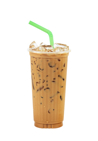 Iced coffee with straw in plastic cup isolated on white background / coffee sweetの写真素材
