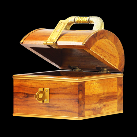 treasure chest money box with a coin slot isolated on white backgroundの写真素材