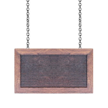 Wooden sign hanging on a chain isolated on whiteの写真素材