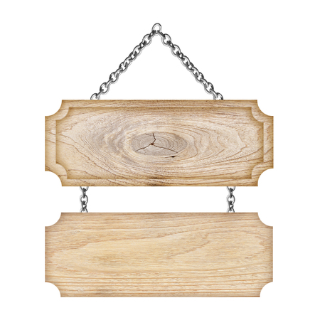 Wooden sign hanging on a chain isolated on whiteの写真素材