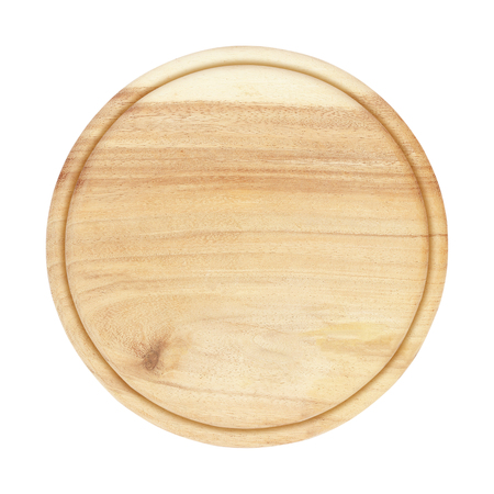 round wooden plate top view on white backgroundの写真素材