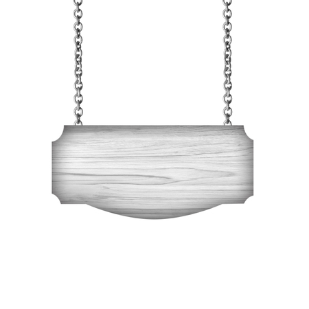 Wooden sign hanging on a chain isolated on whiteの写真素材