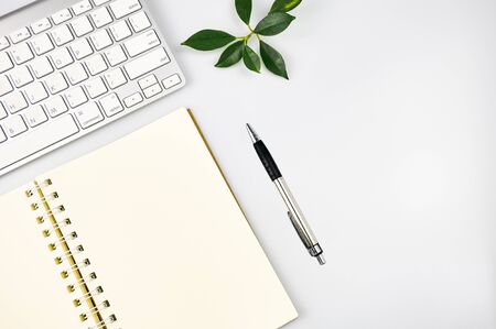 White office desk table. Workspace with keyboard, notebook, pen, green leaf on white background. Top view with copy space, flat lay.の写真素材