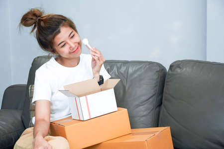 Asian young woman sitting on couch shopping online at home with laptop computer and working from...