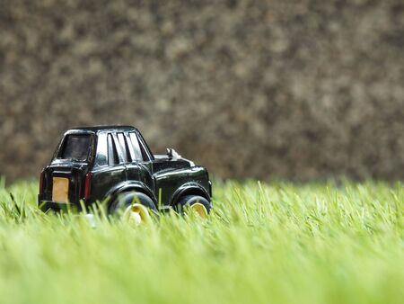 A black toy car park on green grass fieldの写真素材