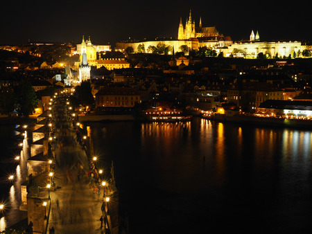 View of Prague castle and Charles bridge at night, Czech Republicのeditorial素材