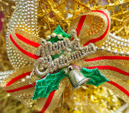 Golden glitter Christmas ball decoration. Christmas and Happy New Year conceptの写真素材