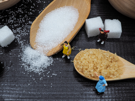 Miniature fat woman standing near wooden bowl and spoon with sugar cube on dark wood background, and thinking of weight loss and slim body. Healthy lifestyle concept.の写真素材