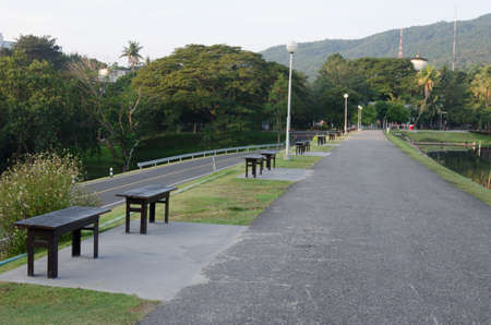 empty chair near walkway on the damの写真素材
